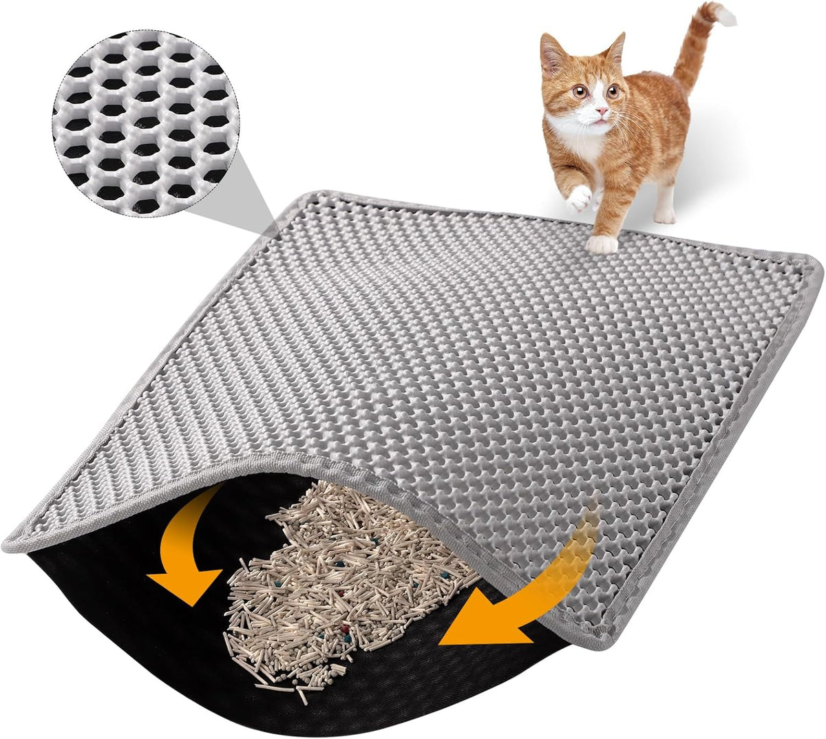 ondware Cat Litter Mat 24 x 15 in, Double Layer, Waterproof, Gray | Honeycomb EVA litter trapper, urine-proof non-slip base, soft on paws, easy shake or rinse clean