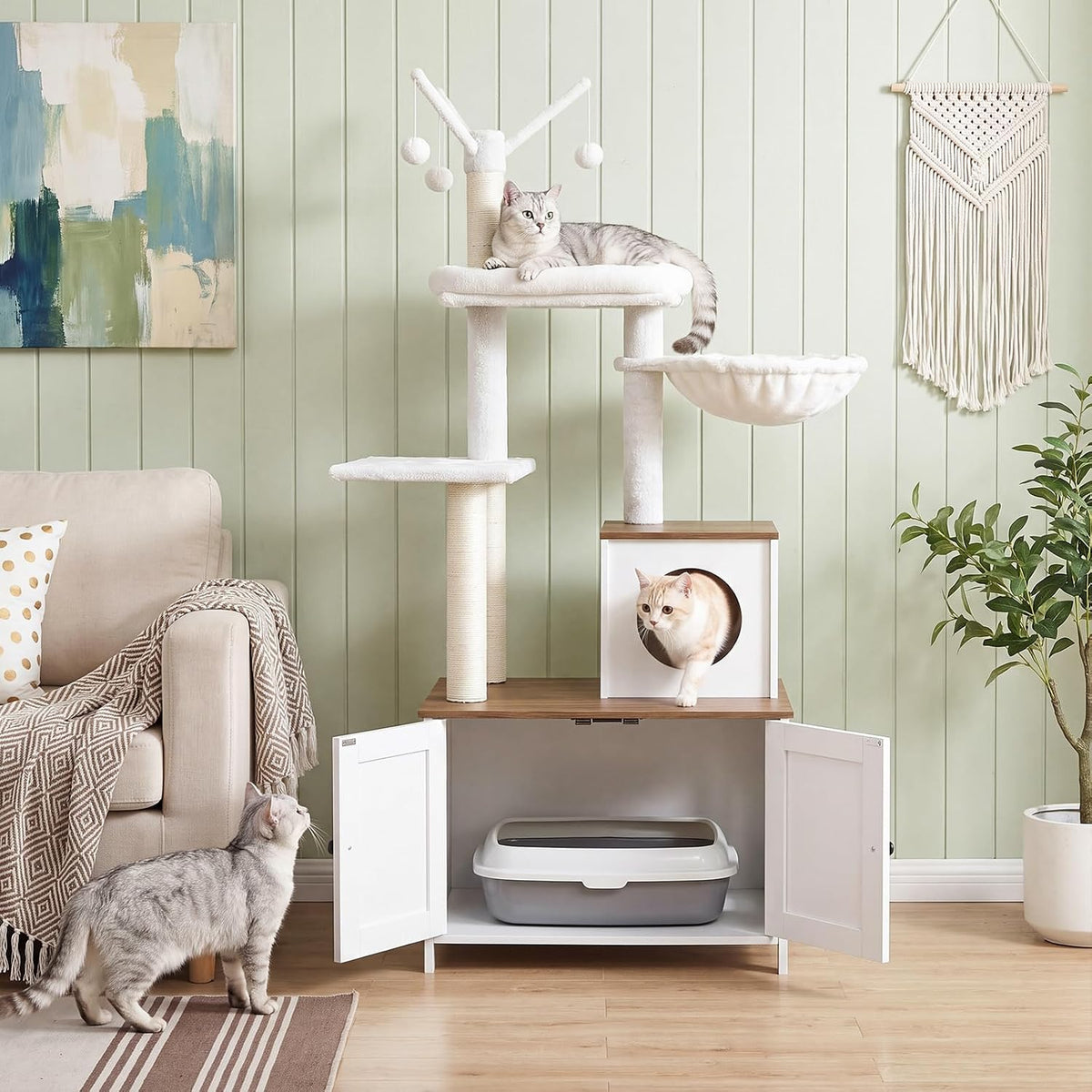 HOOBRO Cat Tree with Litter Box Enclosure for Indoor, 59 Inch Modern Cat Tower with Scratching Posts, Wooden Cat Condo, Hidden Litter Box Furniture, All-in-One Cat House, White and Walnut WH15MZ03