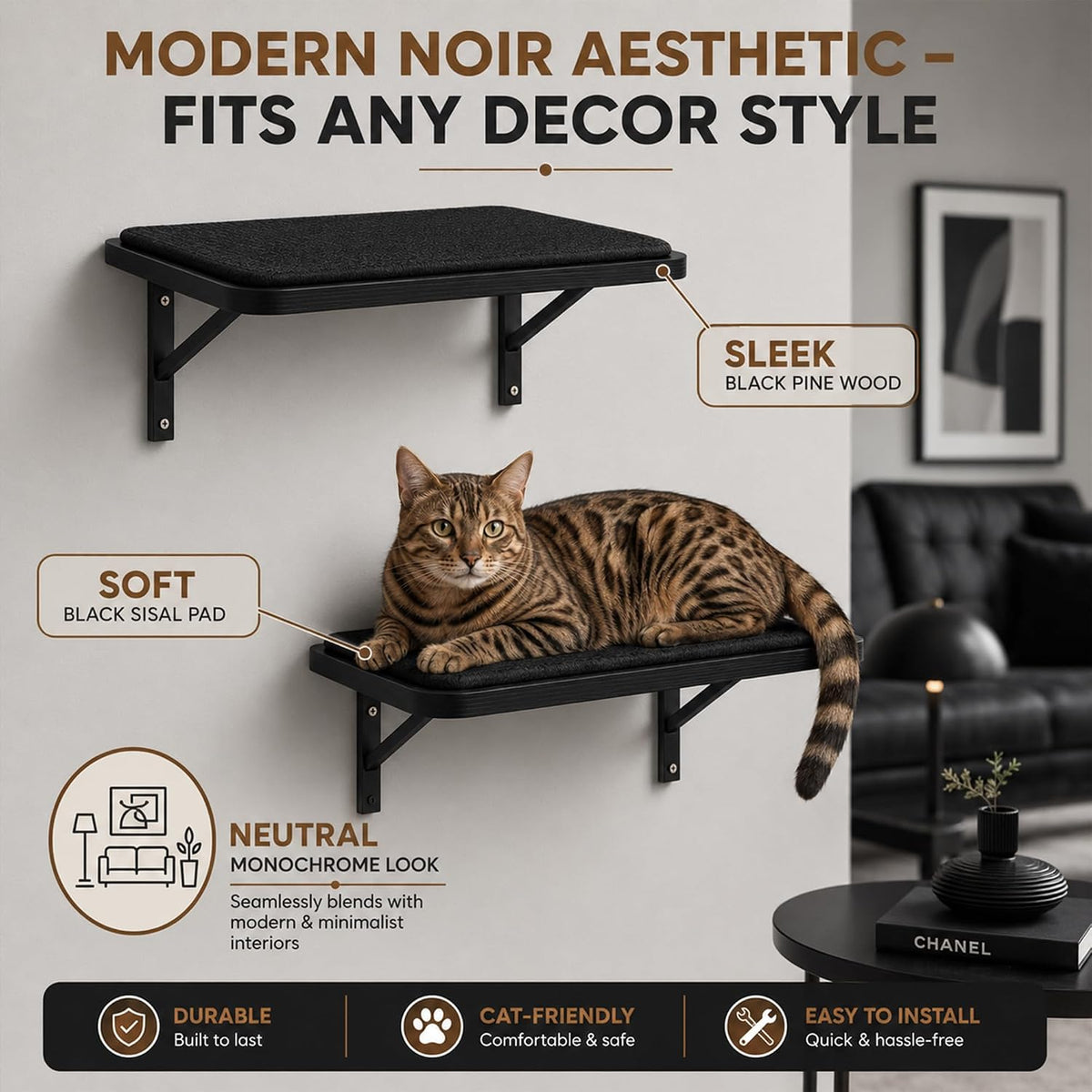 Cat Wall Shelves Set of 2, Black Solid Wood Window Perches with Sisal Mats