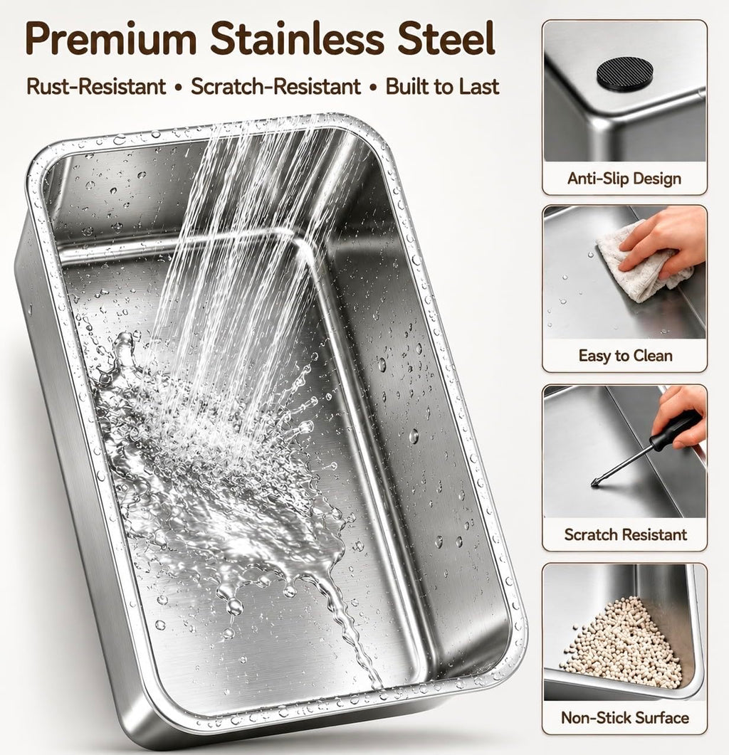 Stainless Steel Cat Litter Box with Lid, XL Enclosed Covered Litter Box for Large Cats, Front Entry Top Exit, High Sided Metal Litter Box, Odor Control, Leak Proof, Scoop & Pedal Included