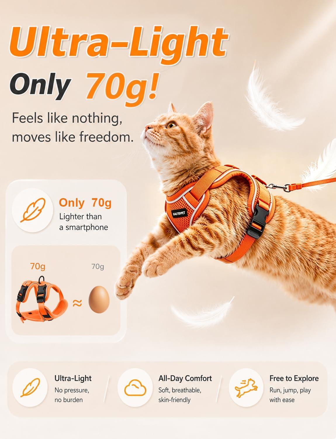 Cat Harness and Leash Set,Escape Proof Kitten Harness,Orange