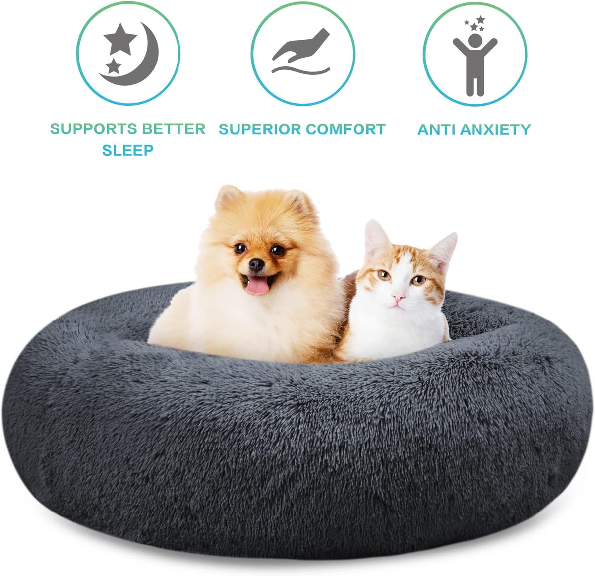 SAVFOX 23 inches Calming Donut Dog Bed - 3X Durable Plush Faux Fur, Machine Washable & Non-Slip, Fits up to 25 lbs, Dark Grey