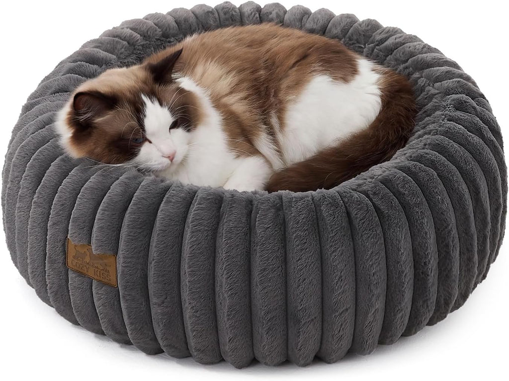 COZY KISS Calming Cat Bed, Donut Kitten Bed, Small Round Dog Bed 23in Grey