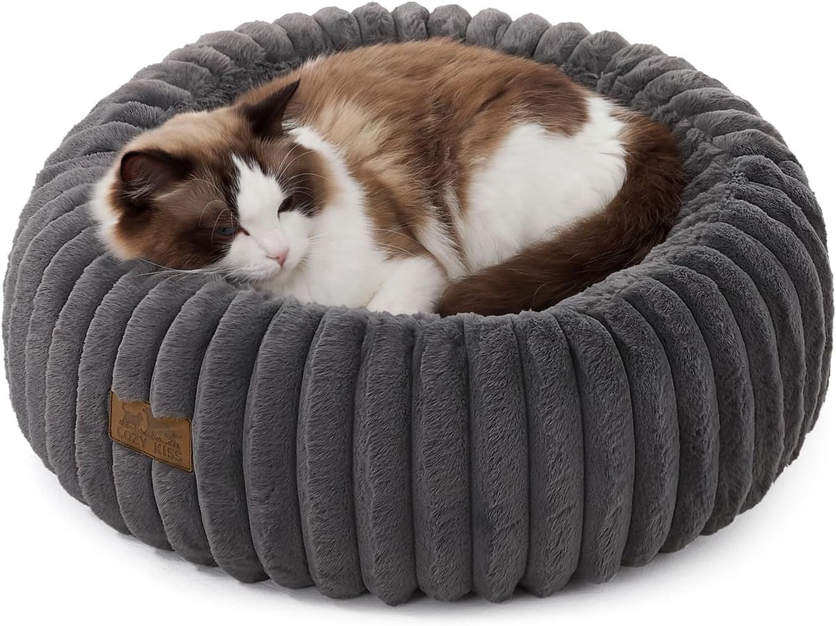 COZY KISS Calming Cat Bed, Donut Kitten Bed, Small Round Dog Bed 23in Grey
