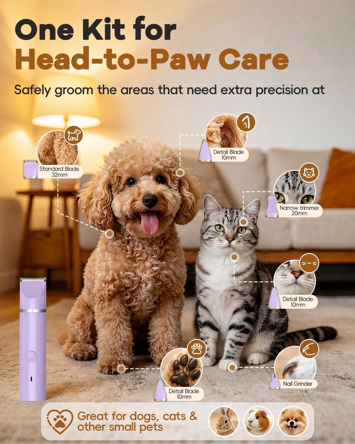 Veeconn 4 in 1 Dog Clippers Grooming Kit with Paw Hair Trimmer for Cat Pet
