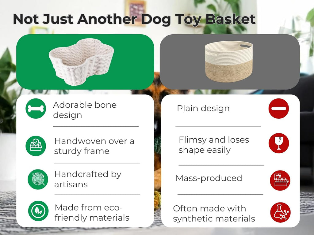 OtterPets Dog Toy Basket, Cotton Rope Bone Shaped Dog Toy Bin, 17x13”