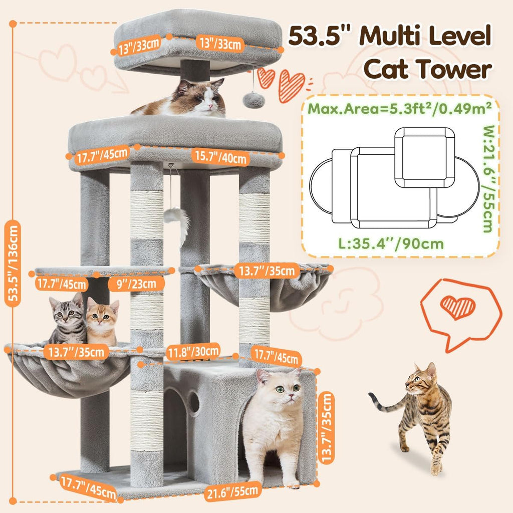 Taoqimiao 53.5in Cat Tree, Heavy Duty Sturdy Cat Tower for Indoor Cats S20W