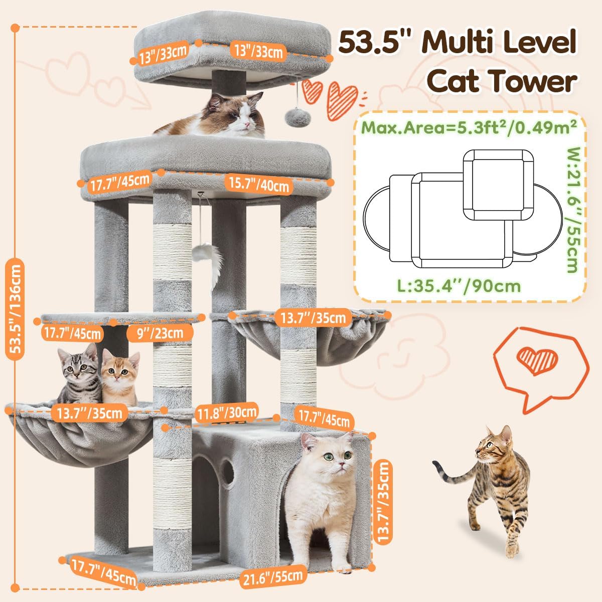 Taoqimiao 53.5in Cat Tree, Heavy Duty Sturdy Cat Tower for Indoor Cats S20W
