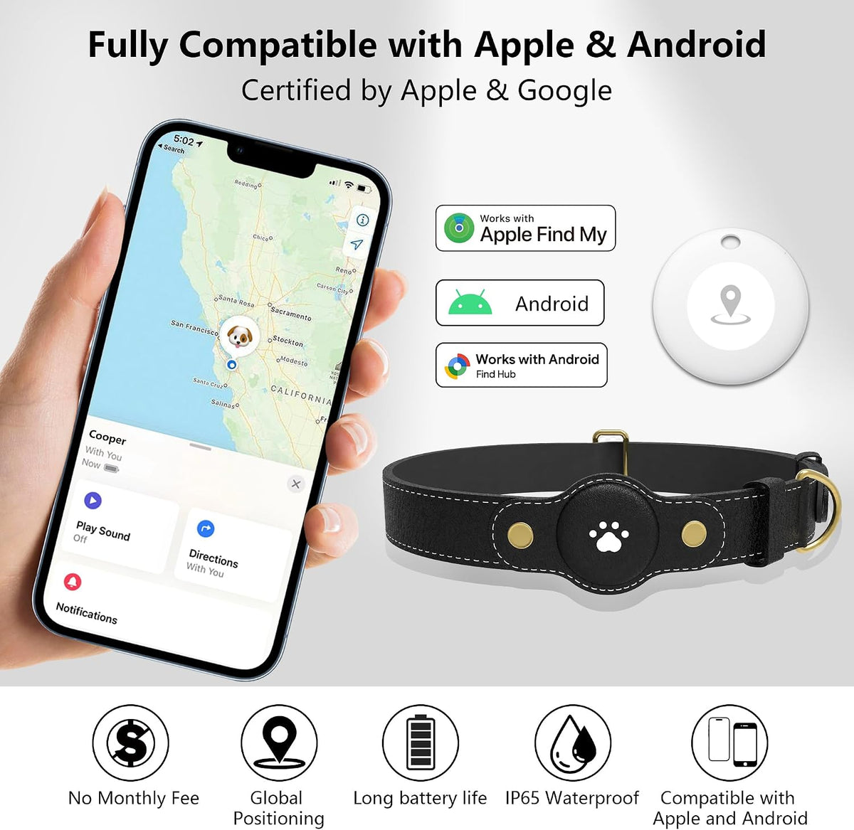 GPS Tracker for Dogs – Smart Dog Collar & Pet Tracker with Real-Time Location, No Monthly Fee, Unlimited Range (iOS & Android) – Fits Small to Large Dogs(Locator Included)