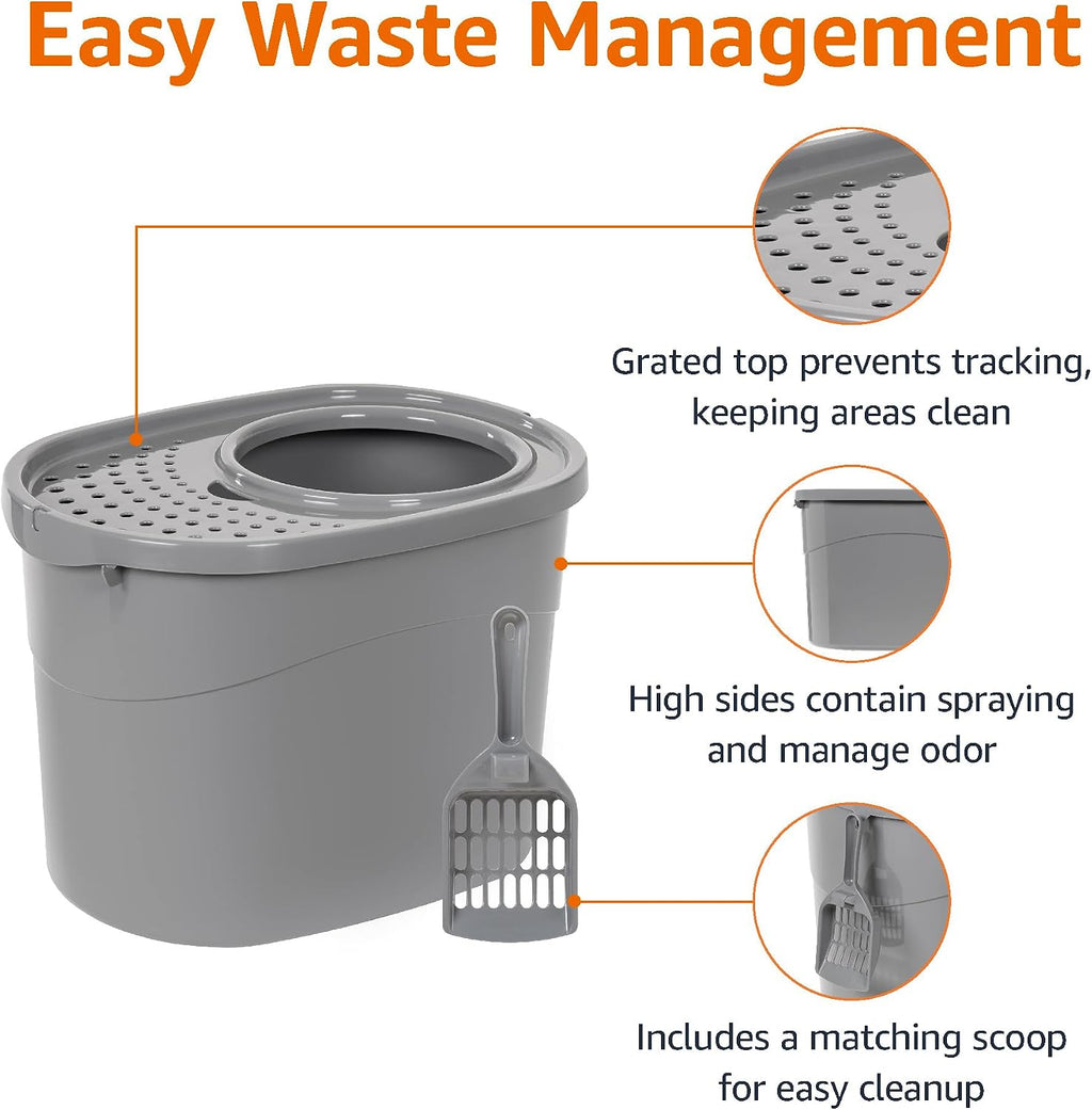 Amazon Basics Large Cat Litter Box with High Sides, Top Entry, Odor Control, Includes Scoop, 20.5 x 14.75 x 14.38 inches, Grey