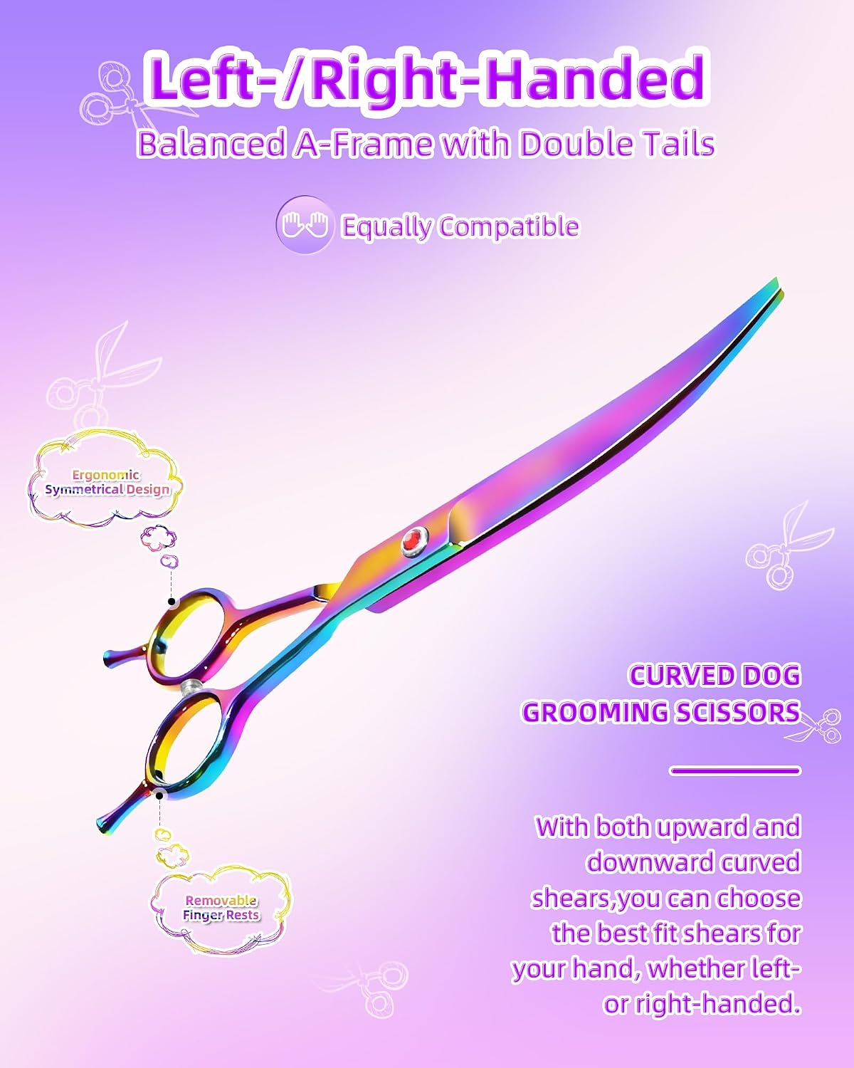 7.3" Dog Grooming Scissor - Professional Down-curved Shear with Ergonomic Handle Stainless Steel Hair Shears for Dogs, Cats and Other Pets - Pet Hair Trimming Scissor(Curved, Iridescent)