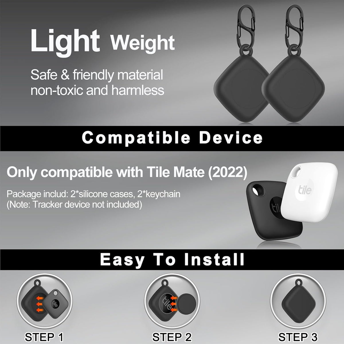 Silicone Case for Life360 Tile Tracker 2 Pack, for Tile Mate 2022 Full Body IPX8 Waterproof and Anti-Scratch Protective with Carabiner for Kids, Keys, Luggage, Cat/Dog Collar Tag (Black+Black)