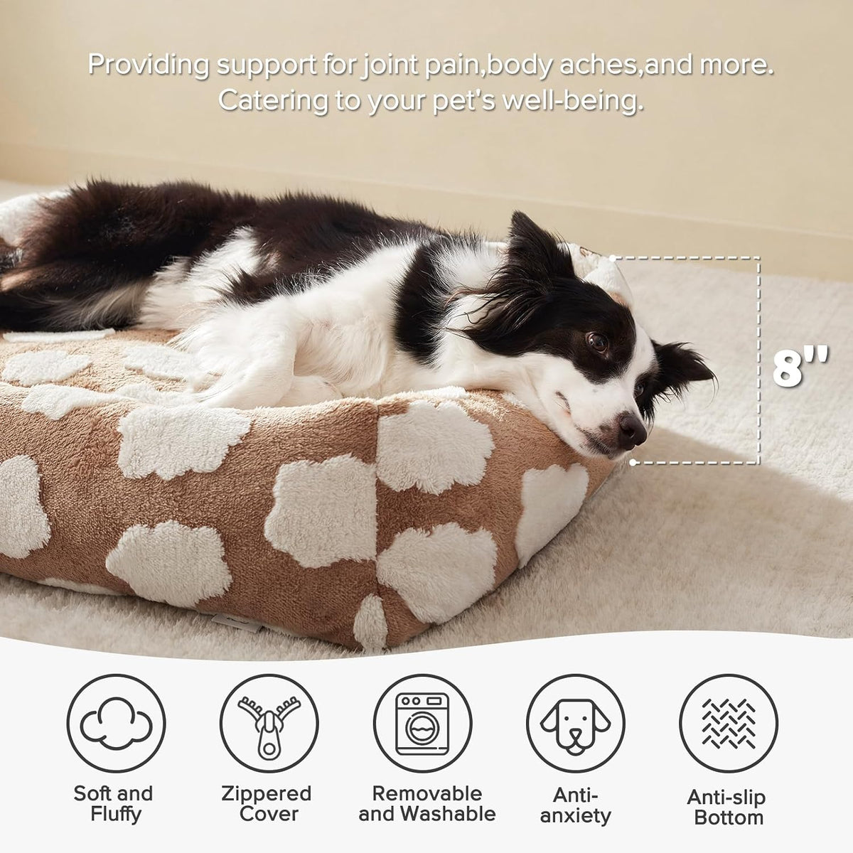 JOEJOY Large Dog Beds Large Sized Dog, Rectangle Washable Orthopedic Pet Bed with Removable Zipper Cover, Cute Soft Calming Puppy Pet Bed with Jacquard Shaggy Plush & Non Skid Bottom