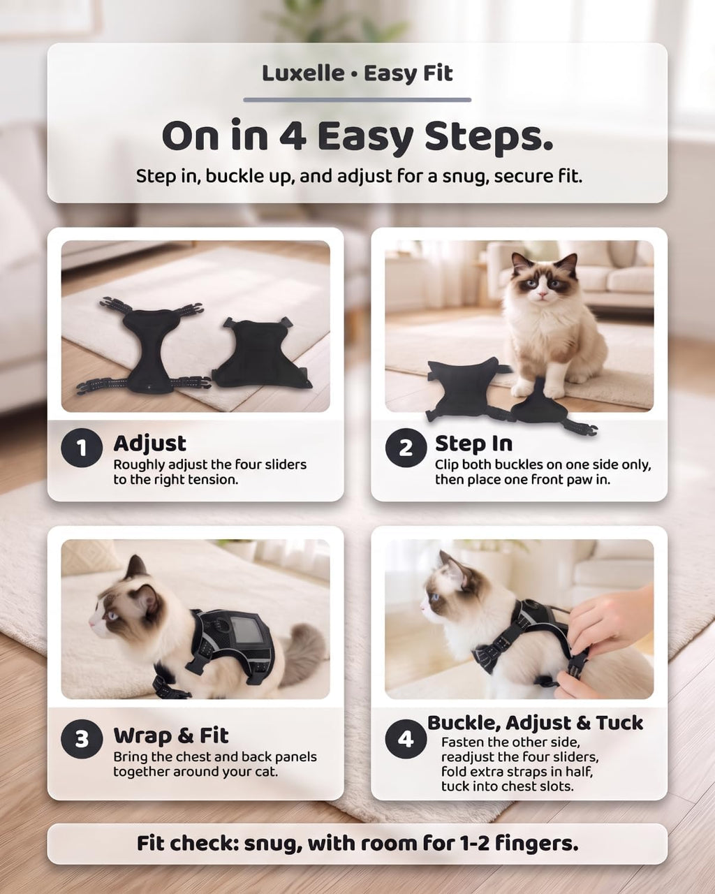 Luxelle Escape Proof Cat Harness with Retractable Leash & Wrist Strap Set