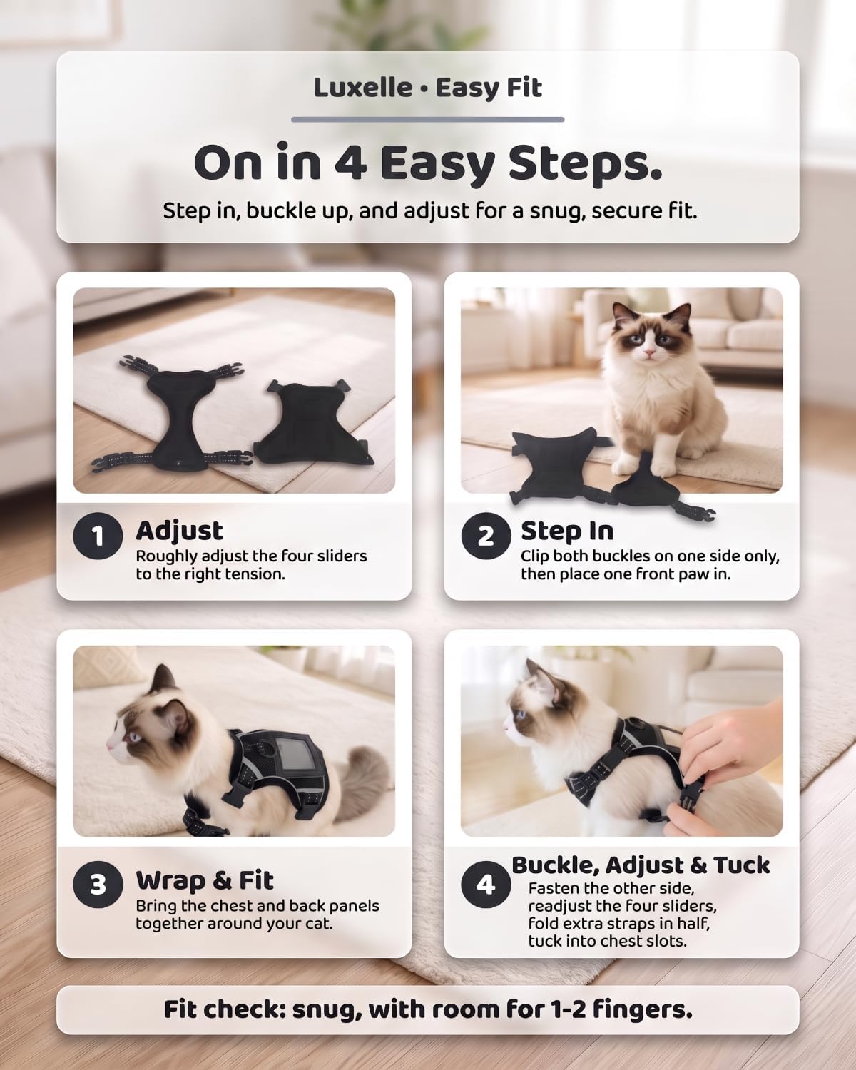 Luxelle Escape Proof Cat Harness with Retractable Leash & Wrist Strap Set