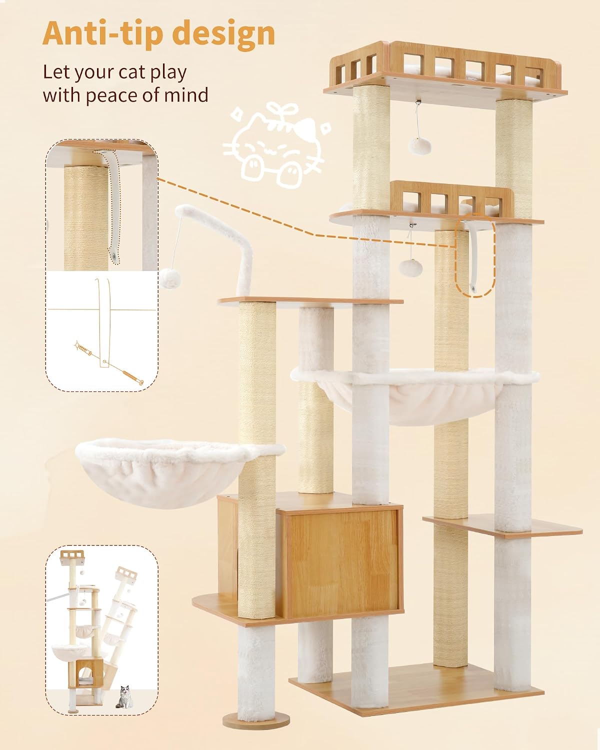 Heybly Cat Tree, 70.5" Wood Tall Cat Tower for Large Indoor Cats HCT121WB