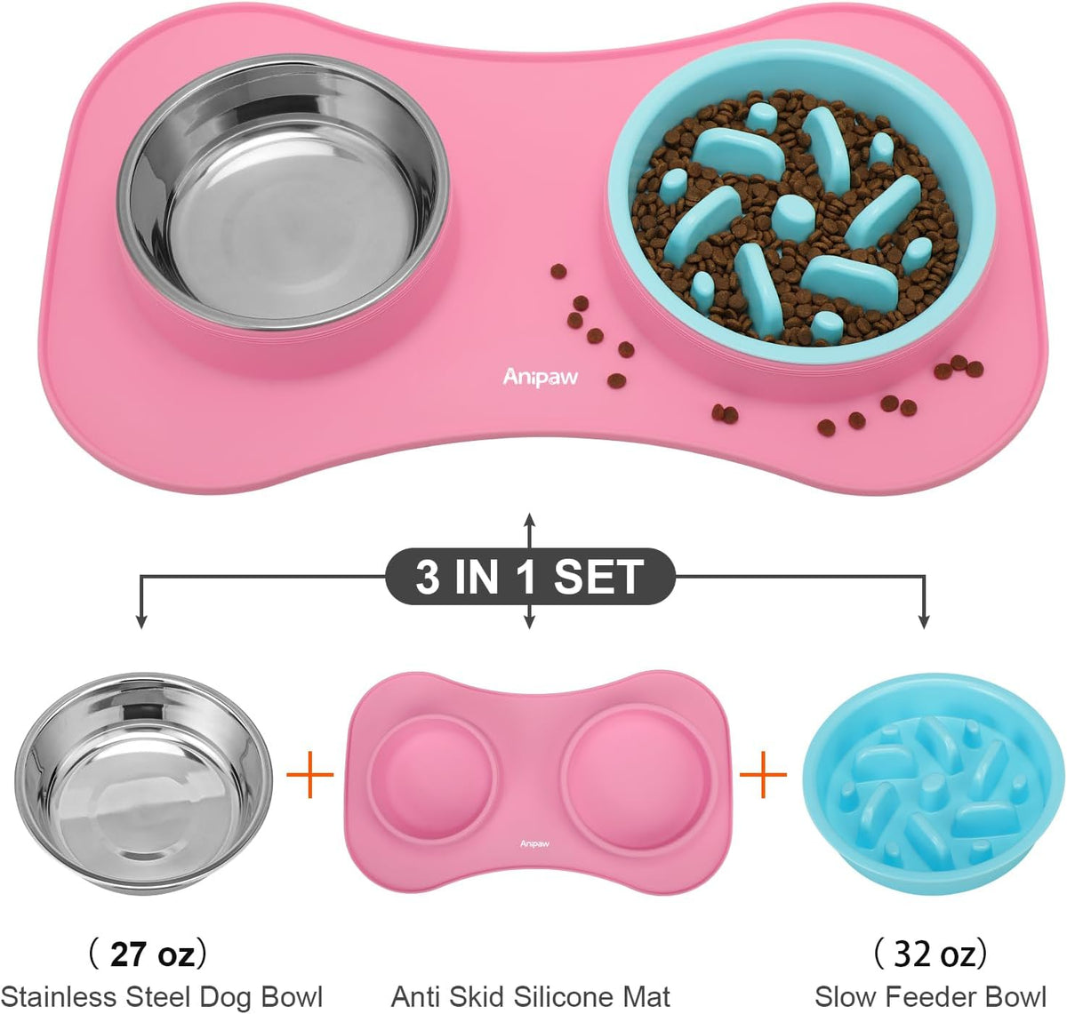 Slow Feeder Dog Bowls 3 in 1 Stainless Steel Food Water Bowl to Slow Eating | Durable, Non-spill & Non-skid with Silicone Mat Design, Slow Down Eating, Suitable for Small Medium Large Dogs and Cats