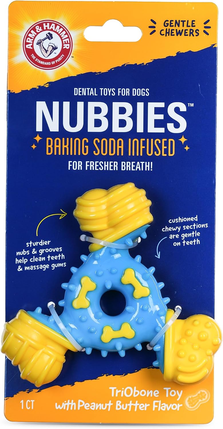 Arm & Hammer Nubbies TriBone Dental Dog Chew Toy, Peanut Butter Flavor | Nylon and TPR construction, baking soda infused, reduces plaque and tartar buildup, ideal for moderate chewers