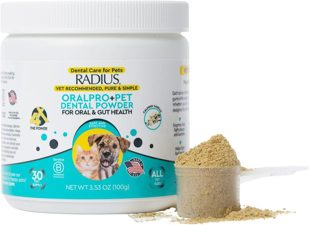 Radius OralPro+ Pet Dental and Gut Powder - Enzyme-Powered Dog and Cat Plaque and Tartar Remover - Natural Vanilla Daily Meal Topper for Fresher Breath & Digestive Balance - 3.5 Oz, Scoop Included