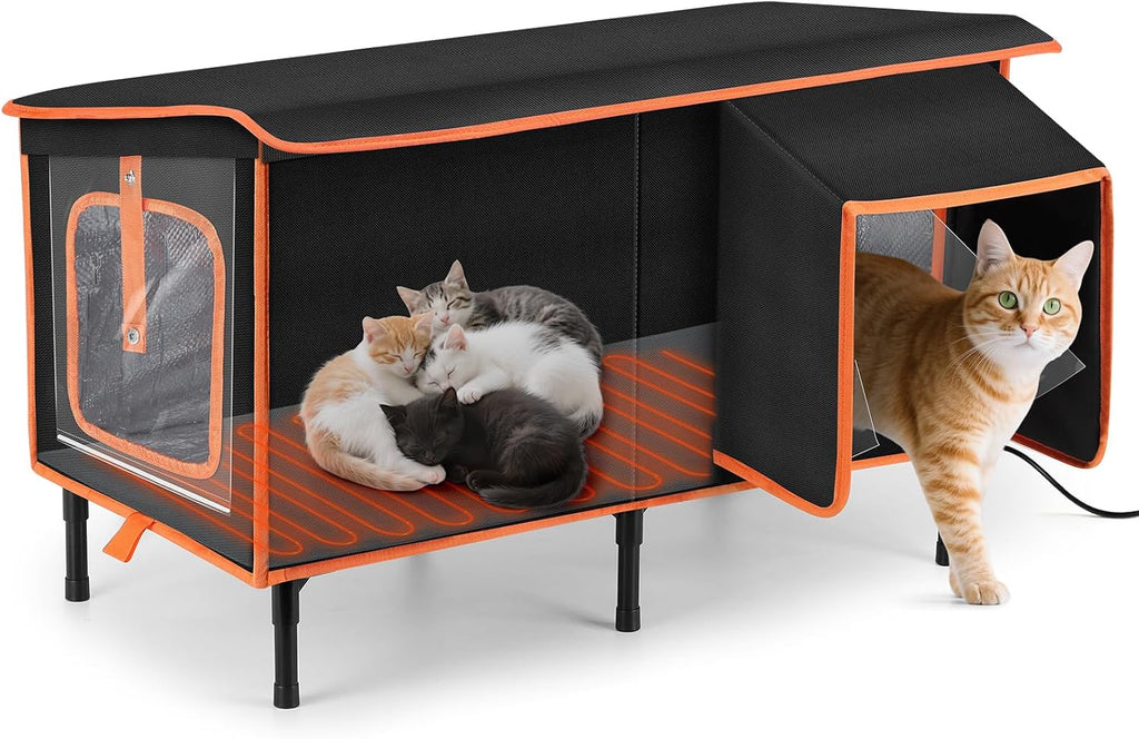 Heated Cat House for Outside in Winter, Weatherproof Outdoor Cat House with Cat Heating Pad, Waterproof &Safe Escape Door, Insulated Cat Shelter with Heater for Feral Barn Cats Kitty (Black, L)