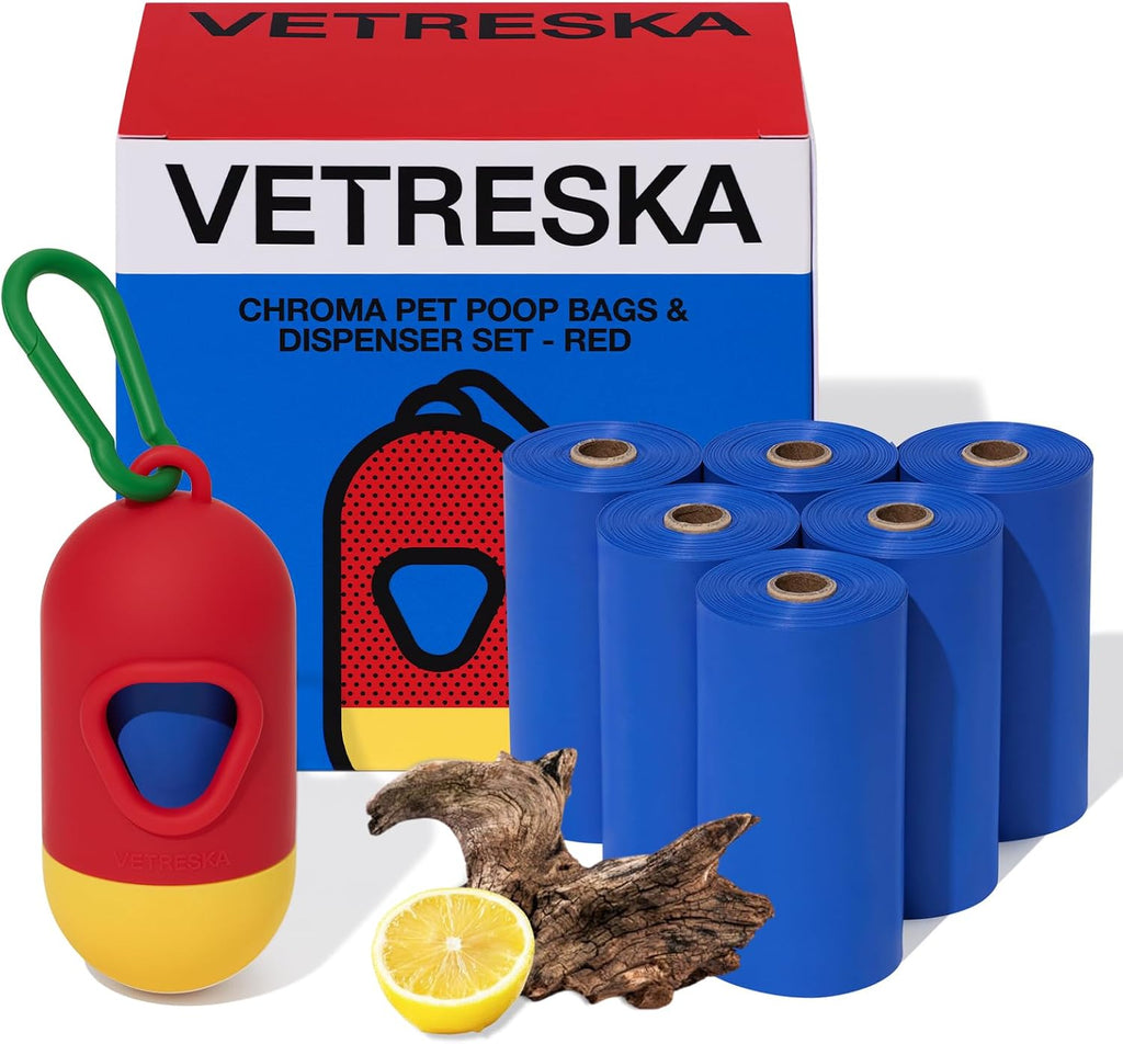 VETRESKA Dog Poop Bag Dispenser with 105 Counts, Leak Proof and Extra Thick | Pet Waste Bags for Dog Walking and Cat Litter, Spiced Vetiver & Moss Scented