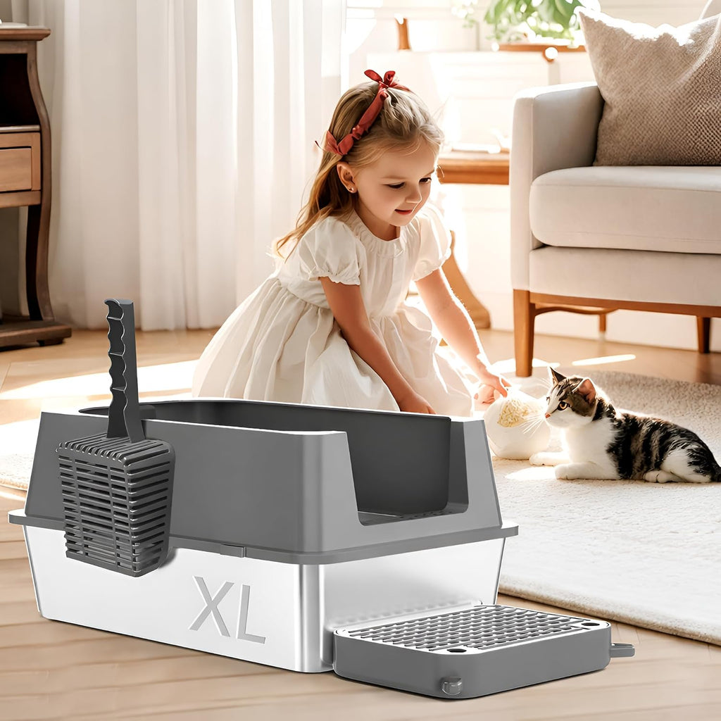 Extra Large Stainless Steel Cat Litter Box - 23.5" x 15.5" x 12" - High Sided Walls for Big Cats, Anti Urine Leakage, Odorless and Easy Cleaning - Foot Pad, Mat, Scoops & Deodorizer - XXL Litter Box