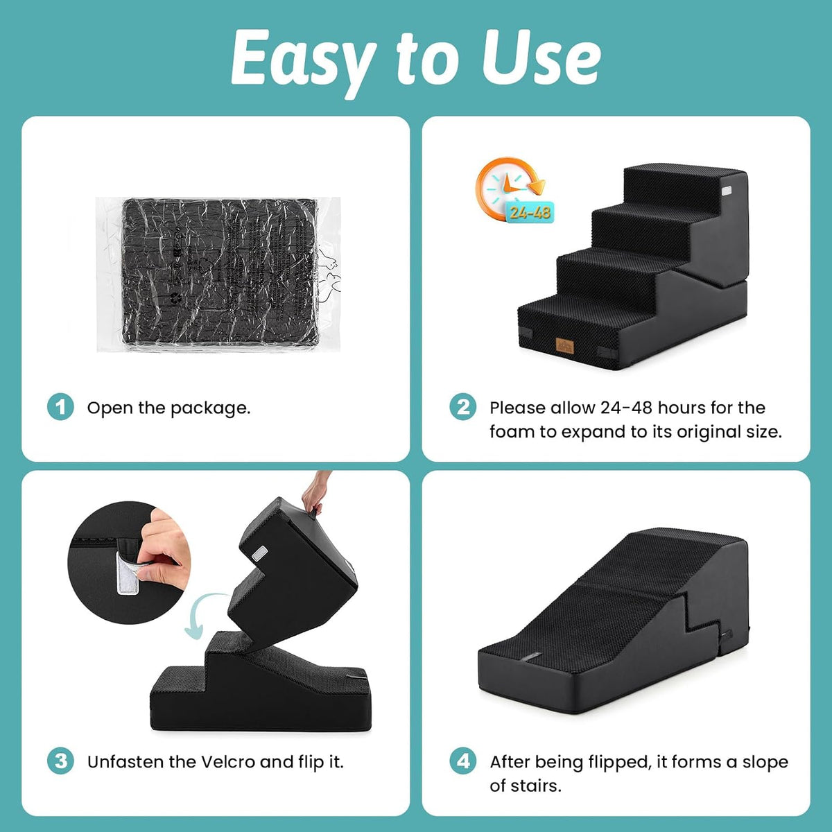 COZY KISS Dog Stairs for Small Dog, 18.9" H, 4 Step pet Step for Bed, Black