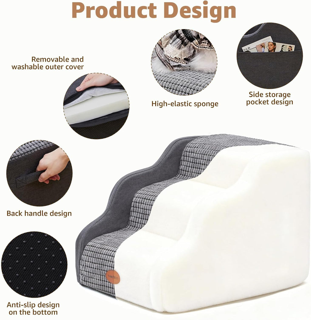 Woochpet 3-Tier Dog Stairs for Beds Foam Ramp Stairs for Couch Dark Grey