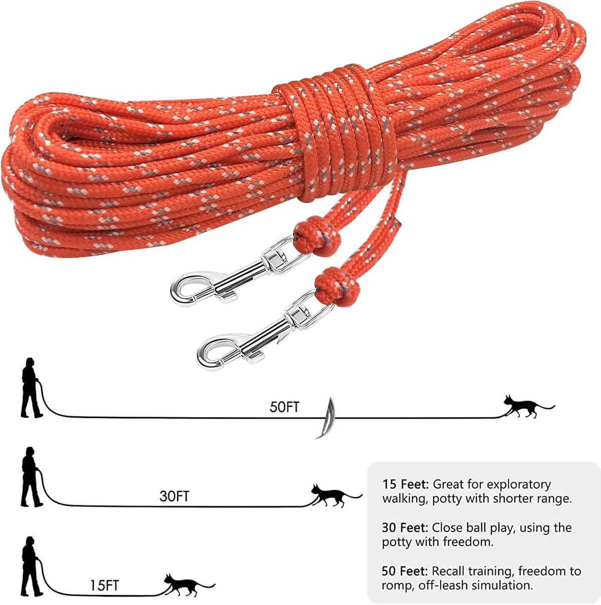 Reflective Cat Long Leash 50 FT, Outdoor Backyard Cat Tie Out Lead,Orange
