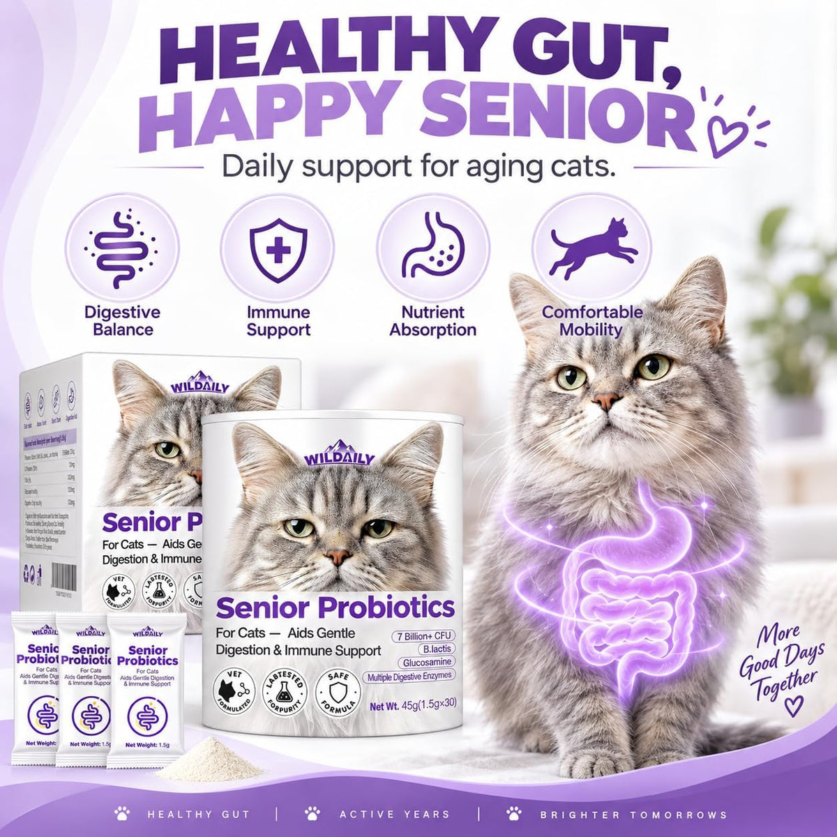 Probiotics for Cats with Prebiotics, 7 Billion CFU Digestive & Gut Health Support for Senior Cats, Daily Probiotic Powder for Older Cats, 30 Stick Packs