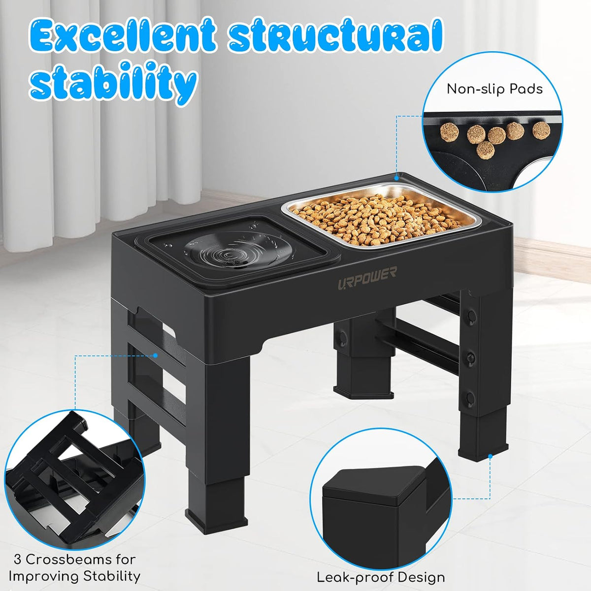 URPOWER 2-in-1 Elevated Dog Bowls 4 Height Adjustable Raised Dog Bowls | Stainless Steel Food Bowl with No Spill Water Bowl and Non-Slip Stand for Small Medium Large Dogs