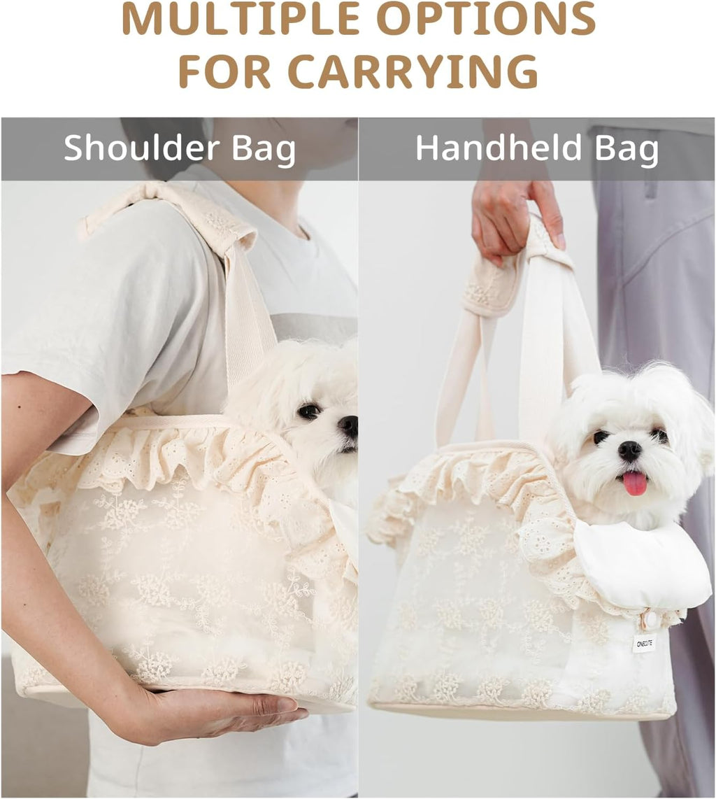 ONECUTE Dog Carrier for Small Dogs Rabbit cat with Lace Design, Cotton Bag, Dog Carrier Soft Sided, Collapsible Travel Puppy Carrier (Beige, 13" L x 6.7" W x 10.6" H)