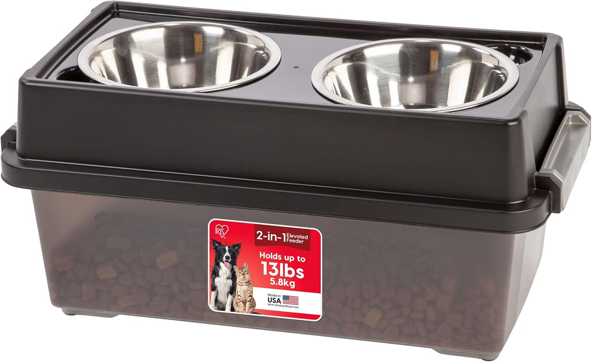 IRIS USA Elevated Dog Bowls 9" H, up to 13 lb Storage, Black, Made in USA | Comes with 2 Stainless Steel Bowls (32 oz), Elevated Feeder, Reduce Strain, Perfect for Camping & Outdoors 