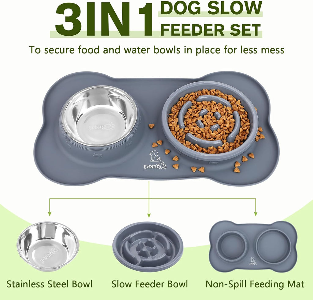 Pecute Slow Feeder Dog Bowls to Slow Down Eating, Dog Slow Feeder Bowl | No-Spill Non-Skid Silicone Mat, Food-Grade Safe Dog Food Bowls Slow Feeder, Stainless Steel Dog Water Bowl for Dogs Cats（L) 
