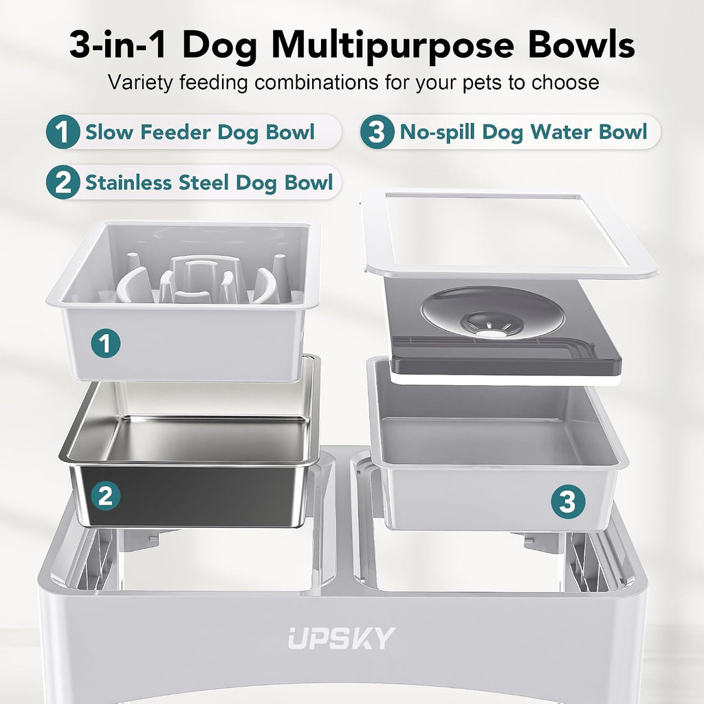 UPSKY 3-in-1 Elevated Dog Bowls Set with 4 Height Adjustable Stand, White