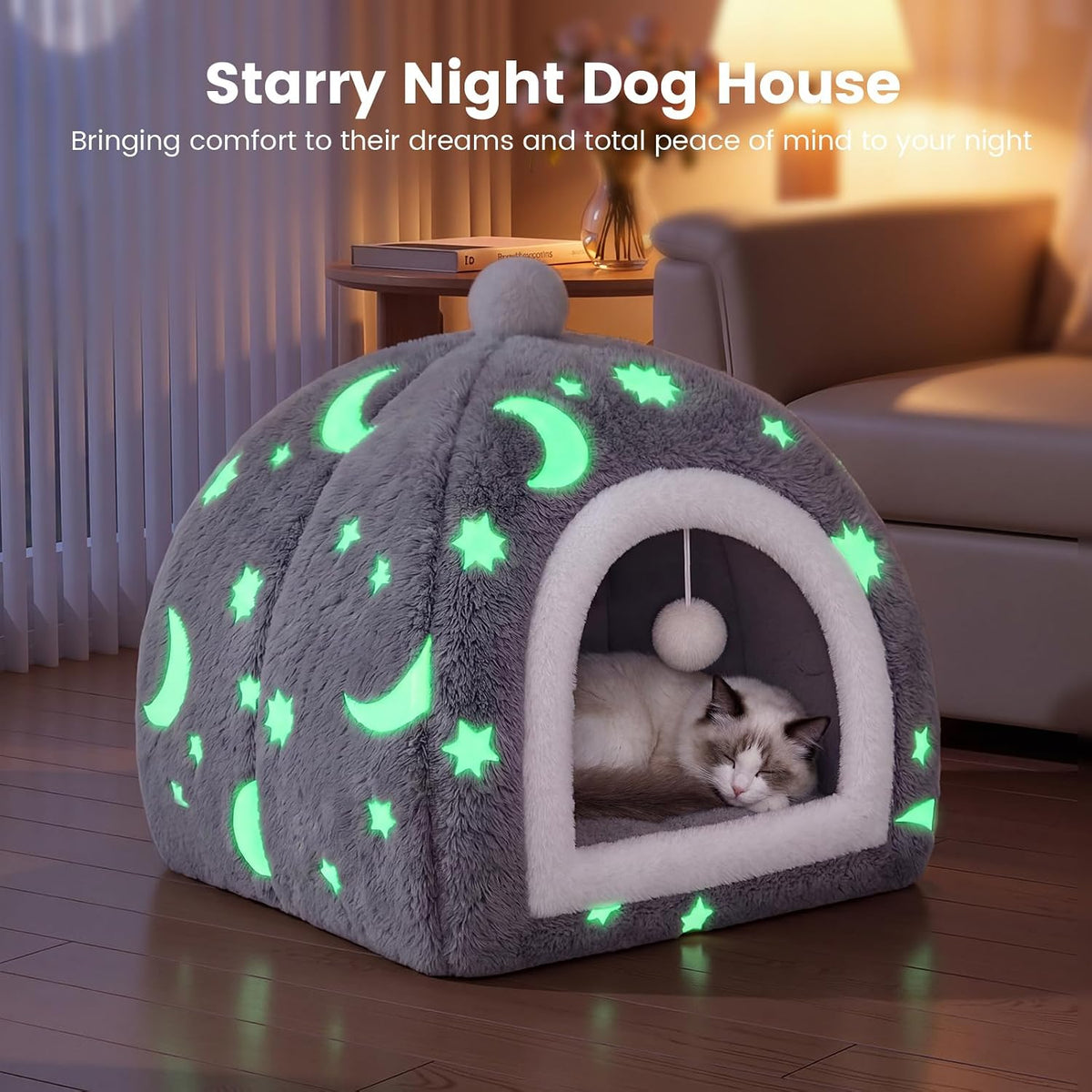 Glow in the Dark Cat Cave Bed, 2-in-1 Foldable Indoor Cat Tent Cat House