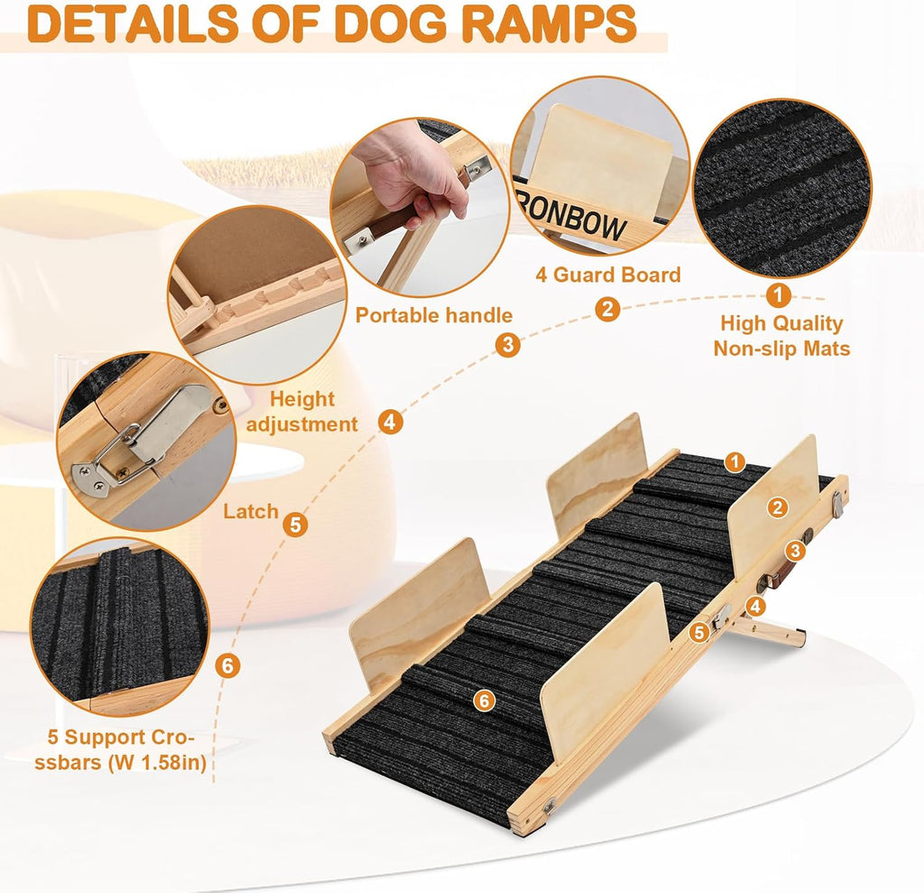 Dog Ramp for Bed, 40" Long Wooden Foldable Dog Ramp, 5 Adjustable Heights from 9.8" to 24.4", Portable Stable Pet Steps with Non-Slip Pad, Pet Ramps Use for Sofa Couch Stairs