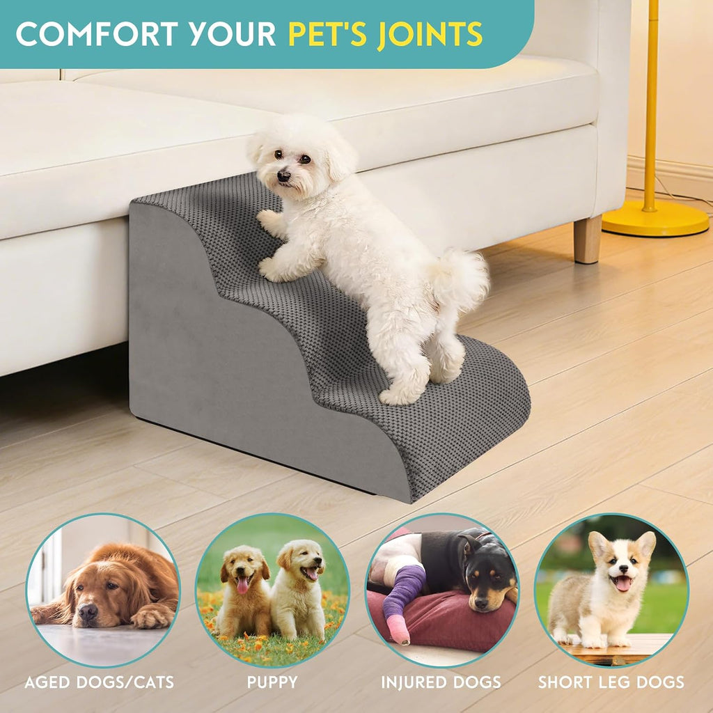 Dog Stairs for Small Dogs 15.7" H, 30D High Density Whole Foam, Corduroy Fabric, Pet Stairs 3-Steps Ramp for Puppy, Older Cat, Non-Slip Bottom Dog Steps for Bed and Couch (Grey, 3-Step)