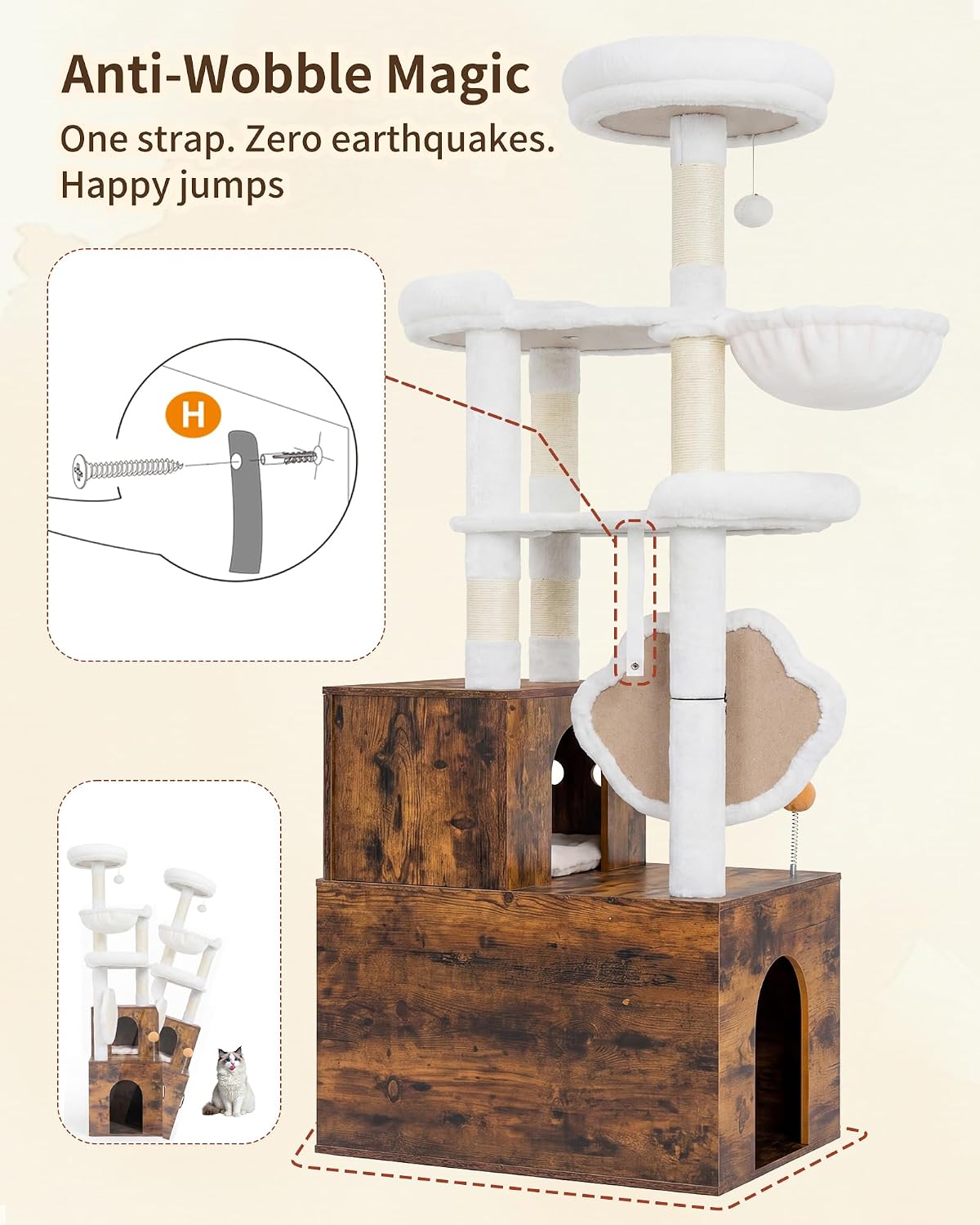 Heybly Cat Tree with Litter Box Enclosure, Modern 64" Hidden Tower HCT105SR