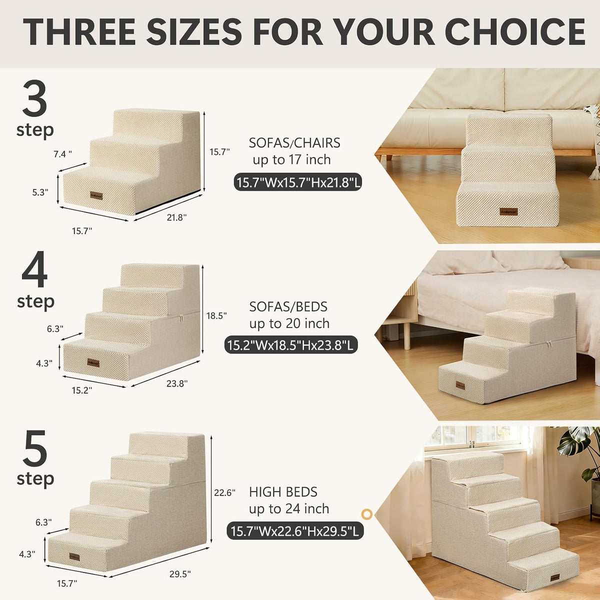 Aodisman Dog Stairs for Small Dogs,3-Step Wide Pet Stairs for Couch & Bed