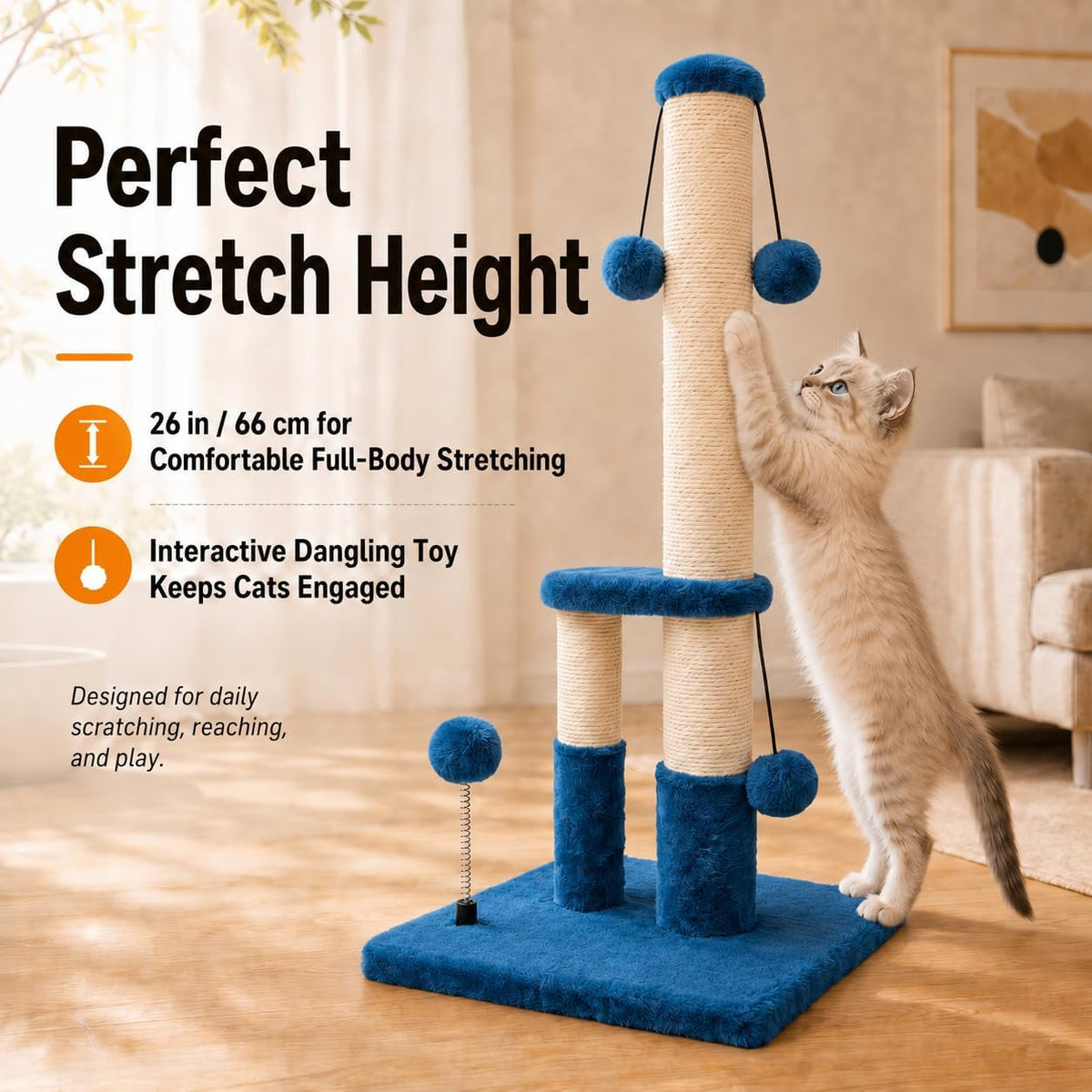 Dimaka Tall Cat Scratching Post, Double Lower Posts Extra Stable Cat Post Tree Scratcher with Sisal Rope and Teasing 4 Balls Total Large Base (Blue)