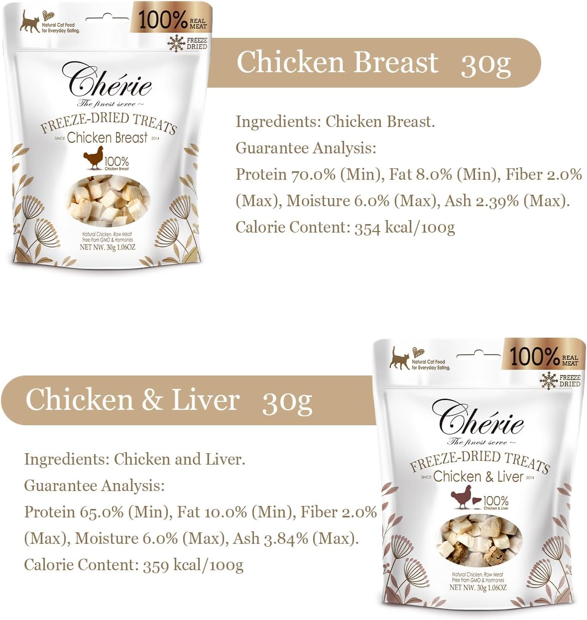 CHÉRIE Freeze-Dried Cat Treats, Chicken Breast, 1.06 oz Bag
