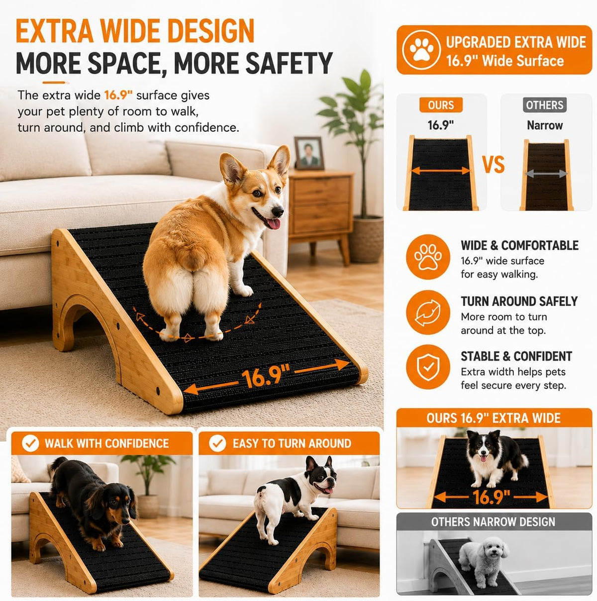 Wooden Dog Ramp for Stairs, Extra Wide 16.9" Pet Ramp with Arch Support Design and Anti-Slip Carpet Surface, Low Angle Ramp for Small Dogs & Cats, Senior Injured Pets, Sofa Bed Access