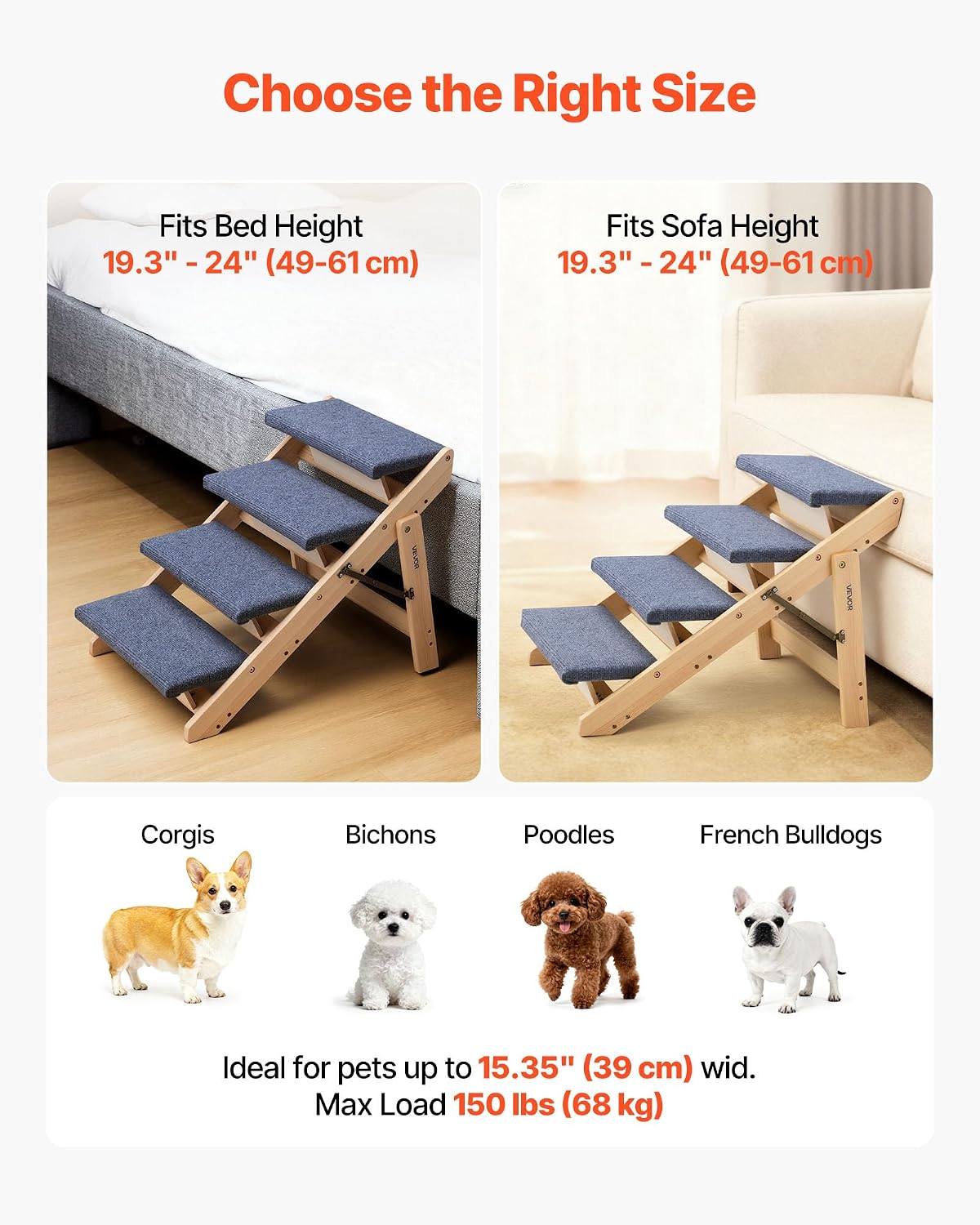 VEVOR Wood Pet Stairs, 4-Step Dog Stairs for Beds, Sofa & Cars, 150lbs Load Capacity, Floded Flat Design, Stable & Sturdy Cat & Dog Step Ladder for Small Medium Large Older Pet Puppy Essentials