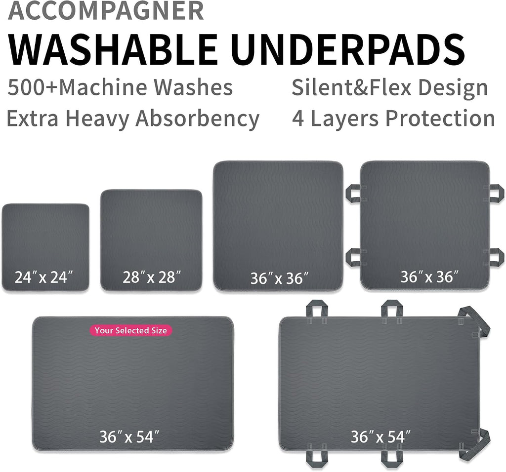 Accompagner Incontinence Bed Pads Washable Waterproof Underpads 36"x54" 2pc | 4-Layer Heavy-Absorbency Reusable Pee Pads for Adults, Kids, Elderly, Dogs, Bedridden, Bedwetting, Nursing, Sofa (Dark Gray)