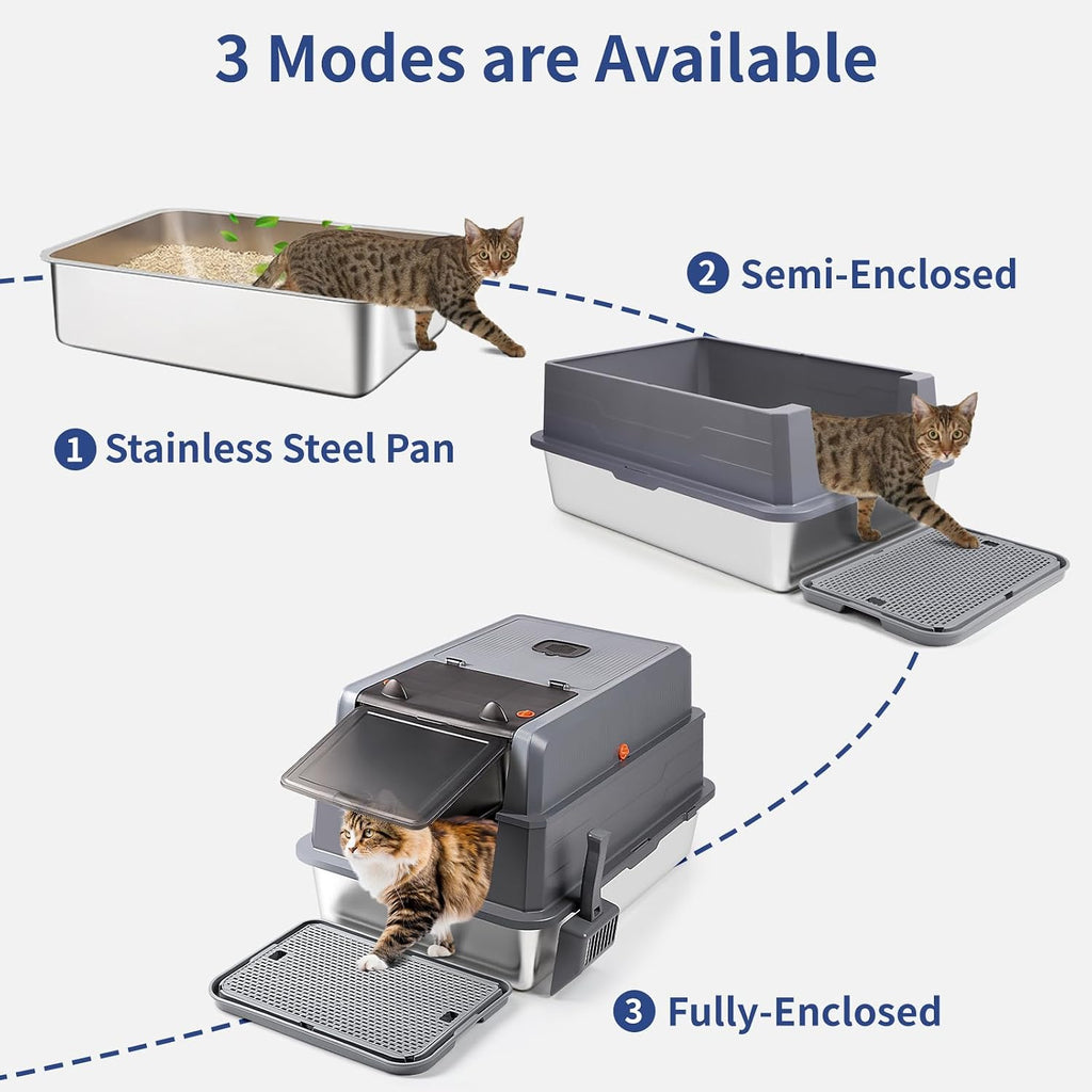 XXXL Stainless Steel Litter Box with Lid 28"x20"x17" Cat Box, Dark Grey | Extra Large Enclosed Litter Box for Big Cats, High Sided Metal Cat Litter Box with Litter Scoop, Cat Step, Odor Control