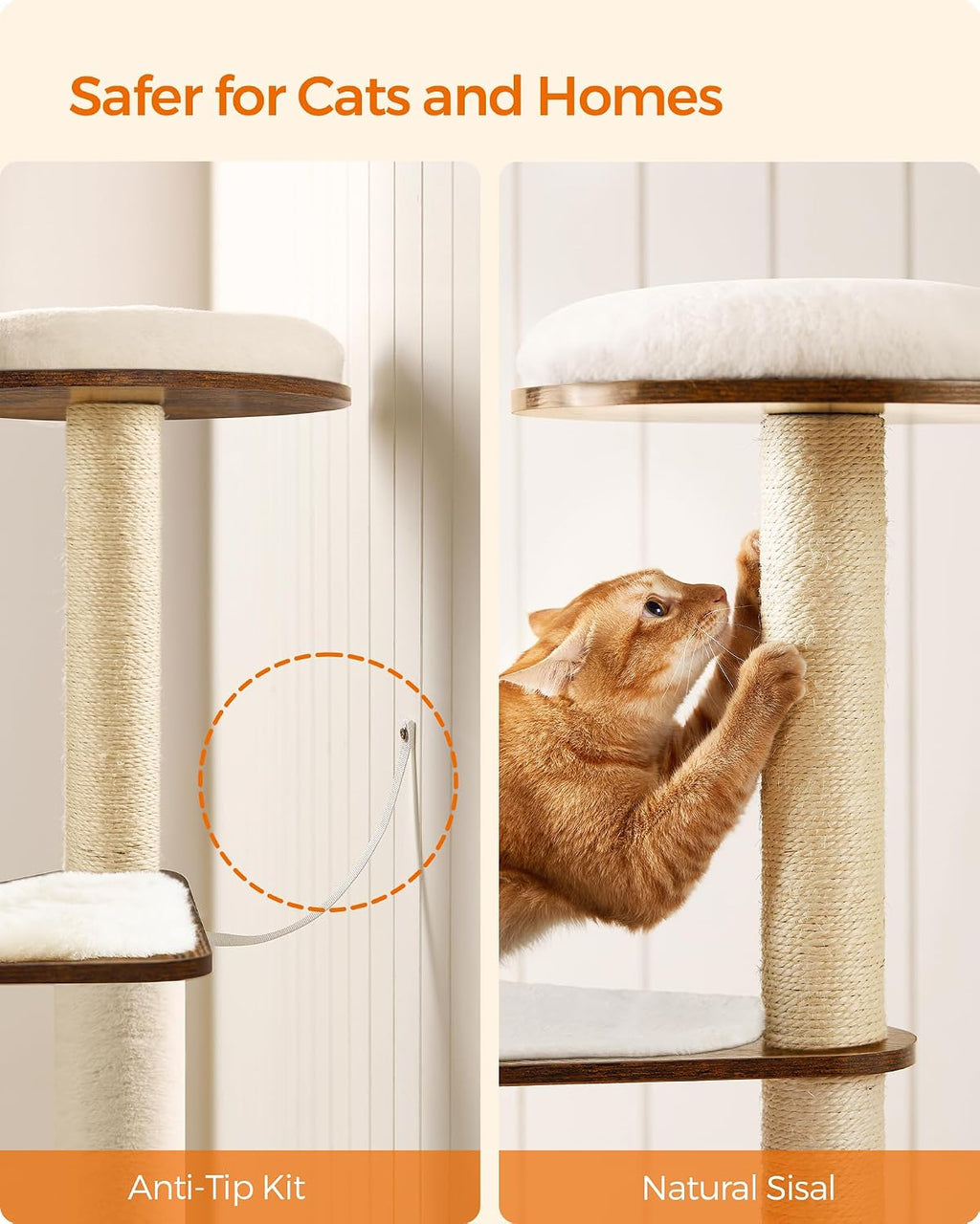 Feandrea Cat Tree, 64.6-Inch Multi-Level Tower with 5 Scratching Posts