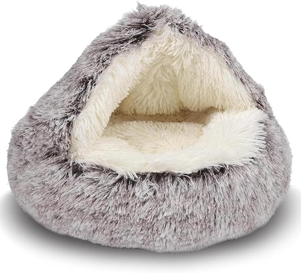 ShinHye Cat Bed Round Plush Fluffy Hooded Cat Bed Cave, Cozy for Indoor Cats or Small Dog beds, Soothing Pet Beds Doughnut Calm Anti-nxiety Dog Bed - Waterproof Bottom Washable, (23×23inch, Coffee)