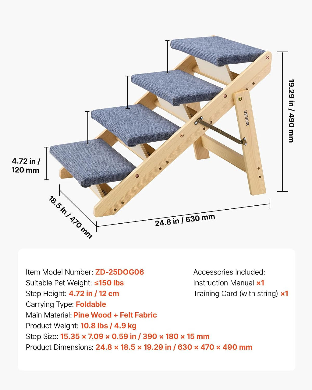 VEVOR Wood Pet Stairs, 4-Step Dog Stairs for Beds, Sofa & Cars, 150lbs Load Capacity, Floded Flat Design, Stable & Sturdy Cat & Dog Step Ladder for Small Medium Large Older Pet Puppy Essentials
