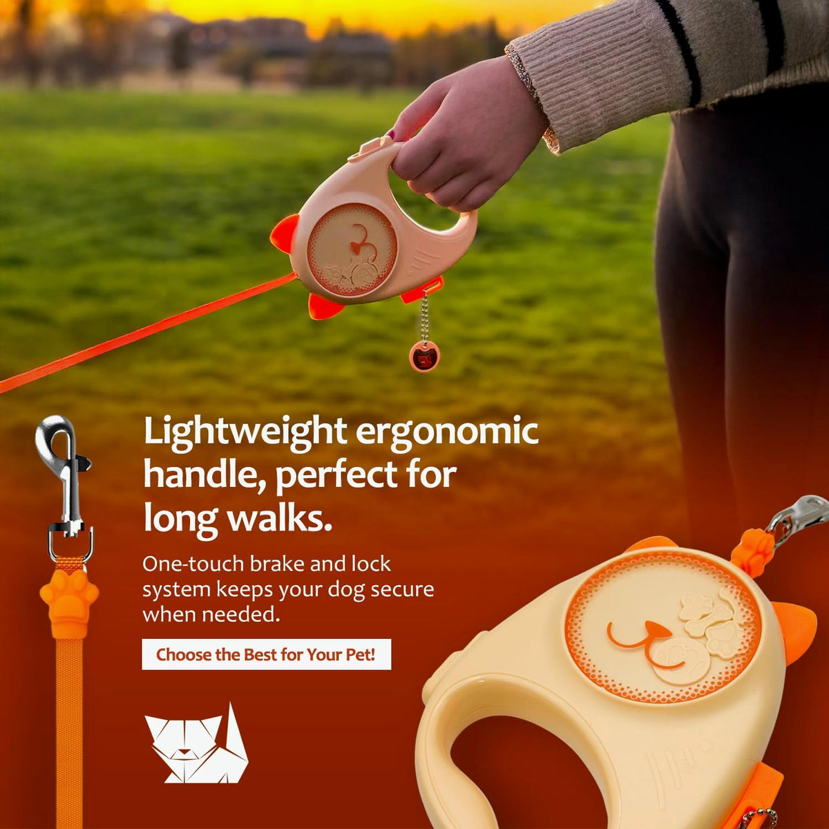 Dog & Cat Retractable Leash, 13ft Strong Nylon Tape with Auto-Locking, Tangle-Free Walking Pet Leash for Small Dogs/Cats Up to 33 lbs, One-Touch Brake, Comfortable Handle, PupPlay Design